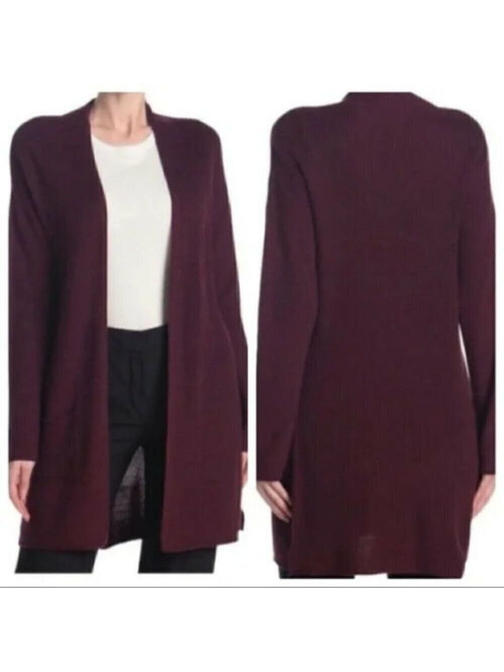 T Tahari BNWOT small ribbed burgundy open cardigan NEW front pockets cashmere